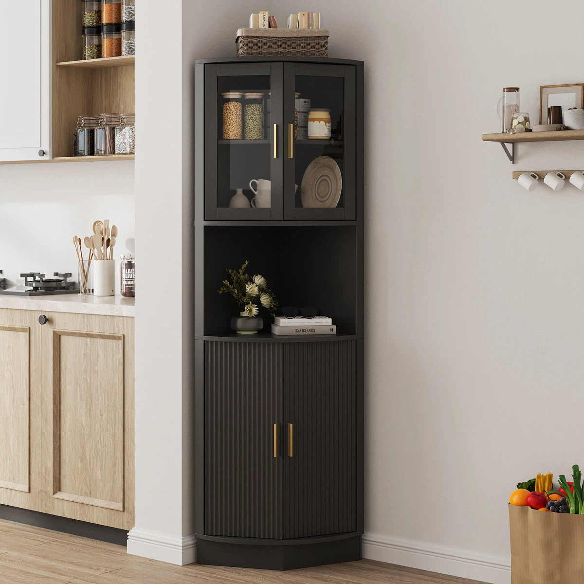 Black Corner Cabinet with Fluted Doors