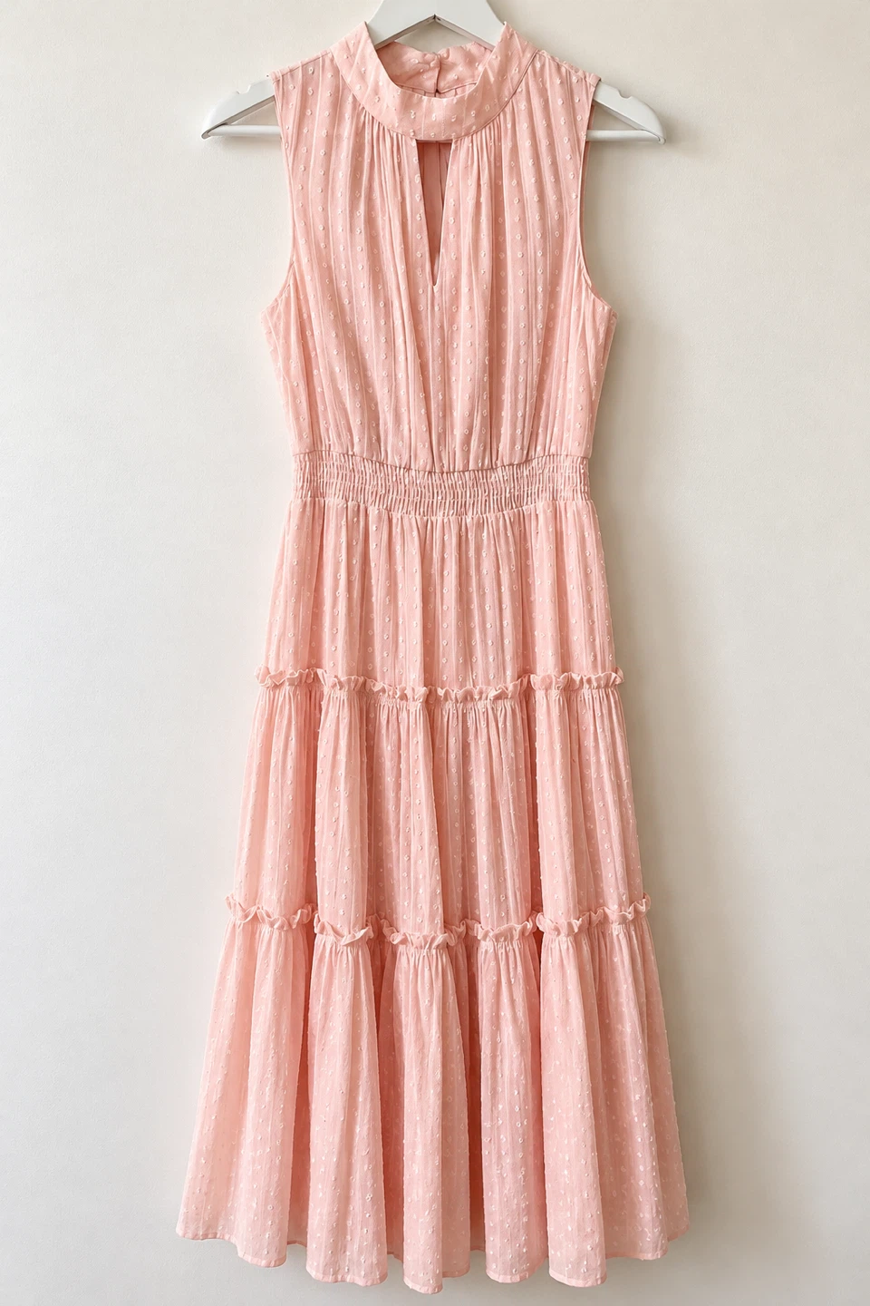 Pink Sleeveless Tiered Midi Dress