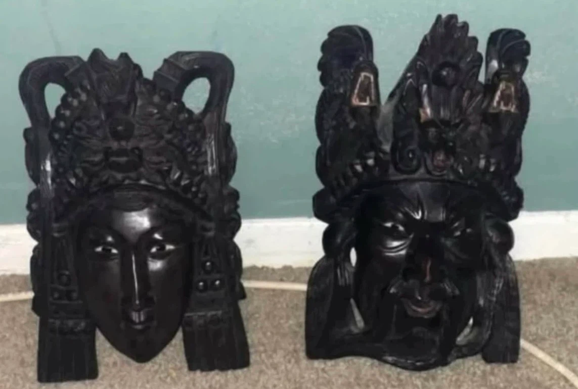 Vintage Hand-Carved Wooden Asian Masks - Set of 2