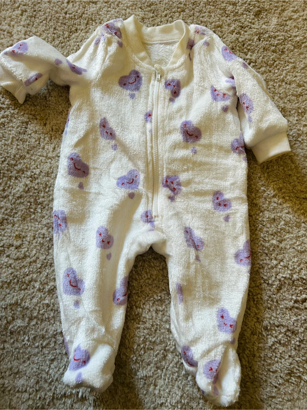 Baby Fleece Footie Pajamas White with Purple Hearts