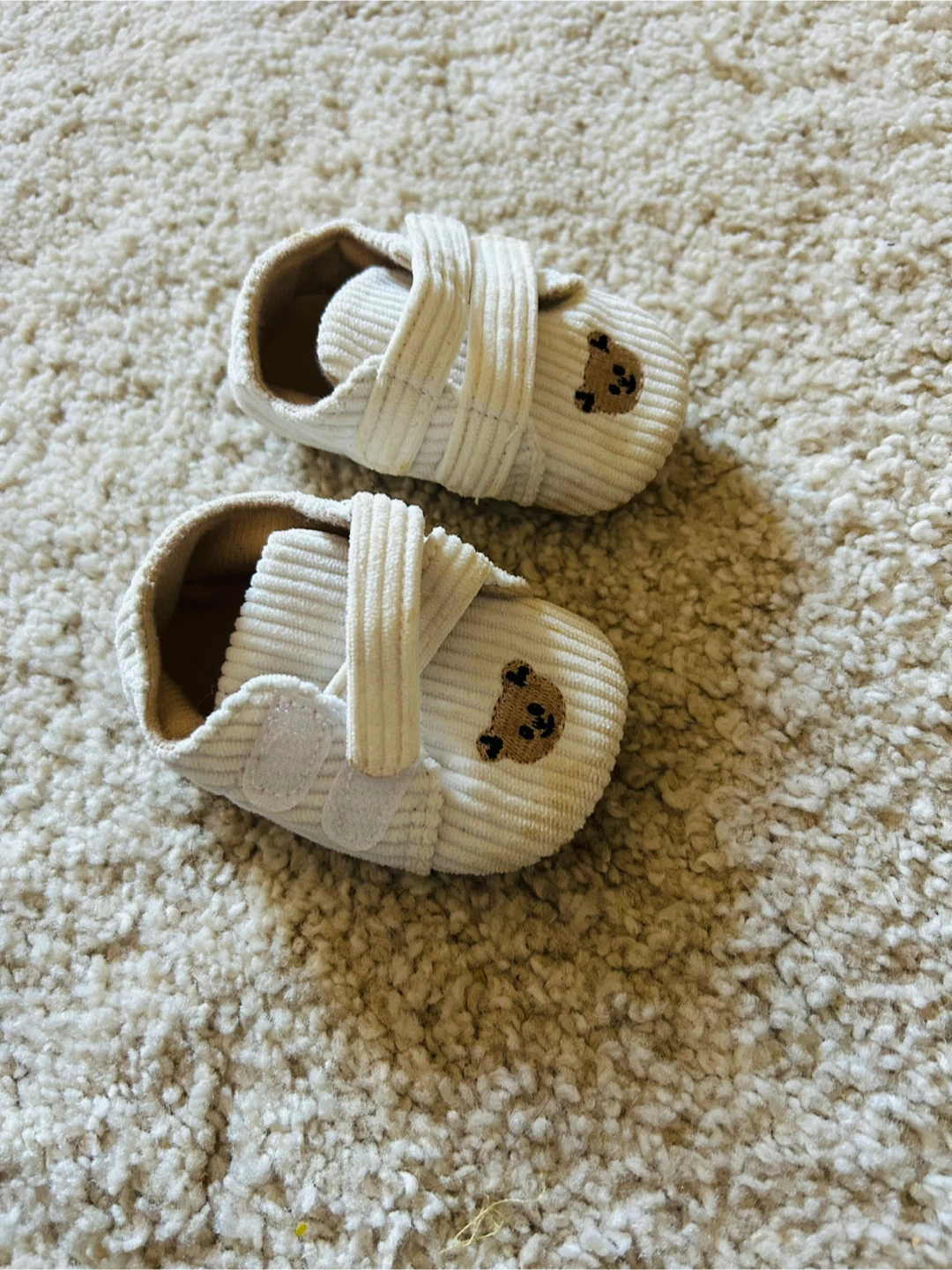 Cream Corduroy Baby Shoes with Bear Detail