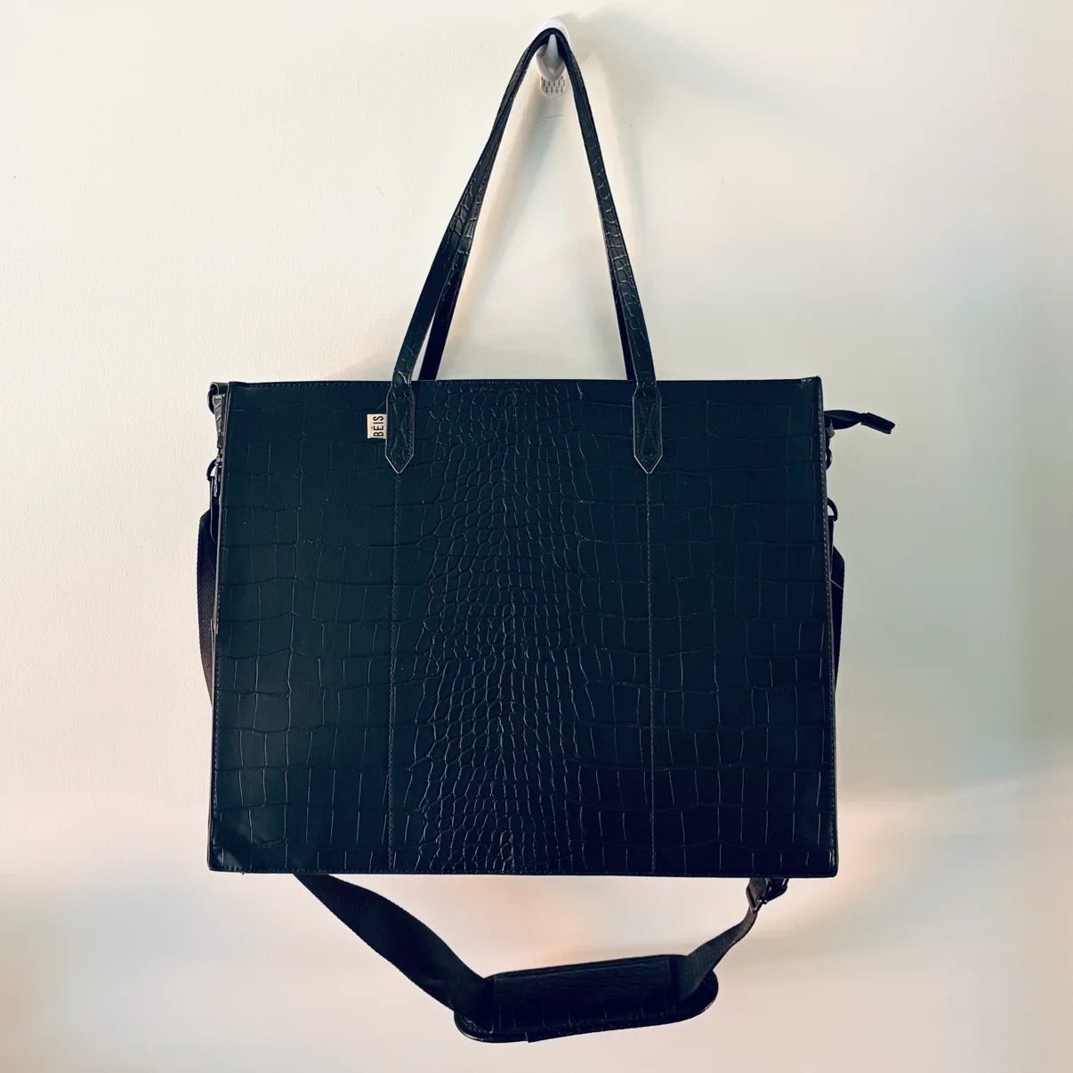 BEIS Large Black Croc Embossed Tote Bag