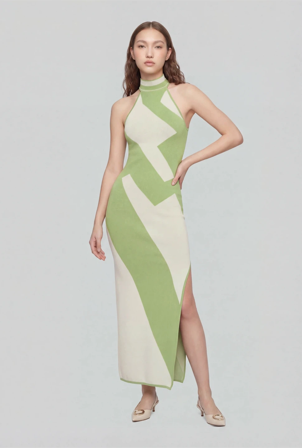 Trendy Threads Green and White Knit Maxi Dress M