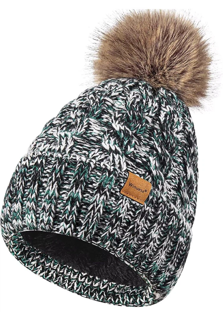 Women's Winter Knit Beanie with Faux Fur Pompom