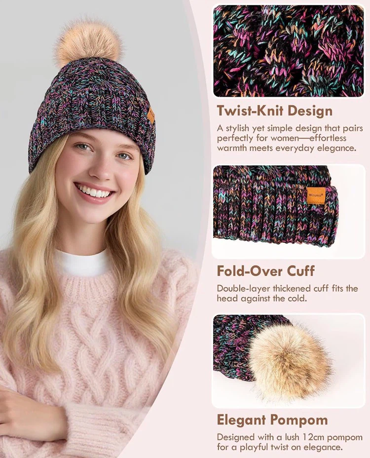 Women's Winter Knit Beanie with Faux Fur Pompom - photo 4