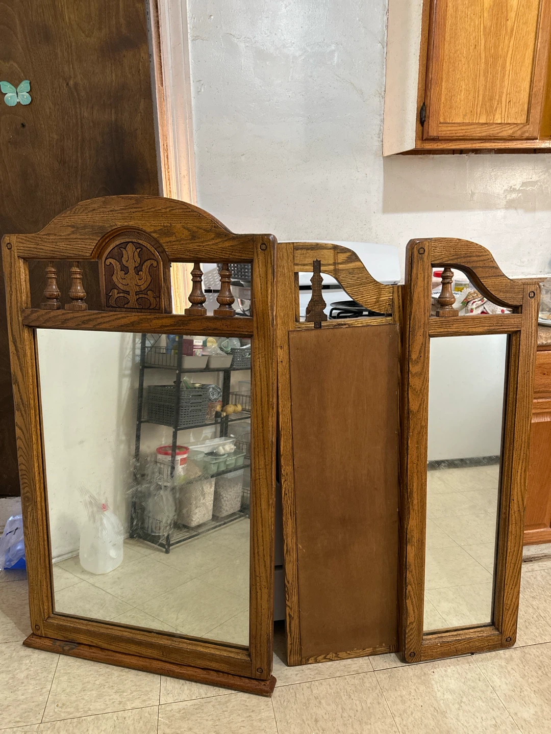 Vintage Three-Panel Oak Vanity Mirror