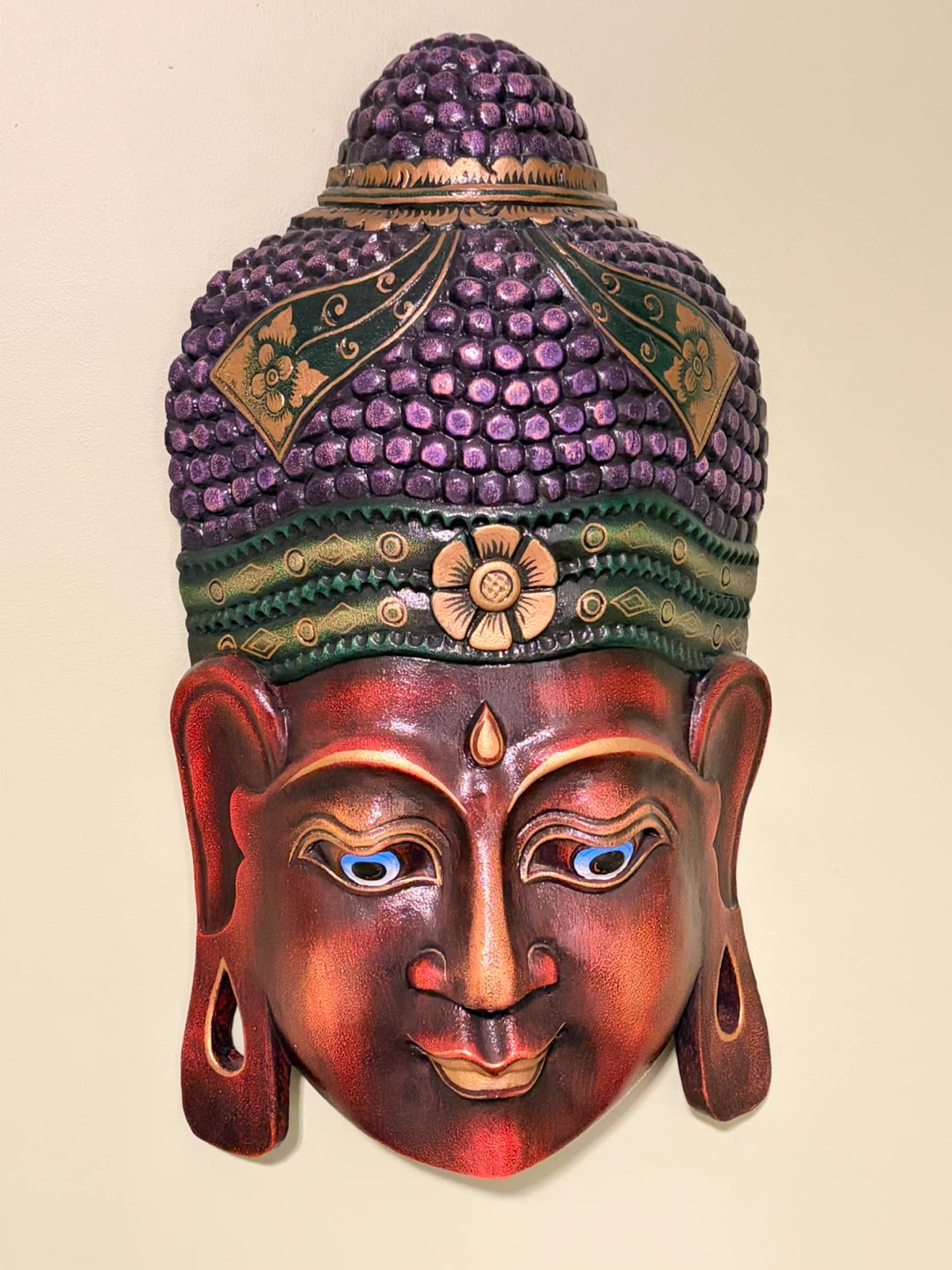 Large Hand-Carved Wooden Buddha Wall Mask | Unique Art Piece