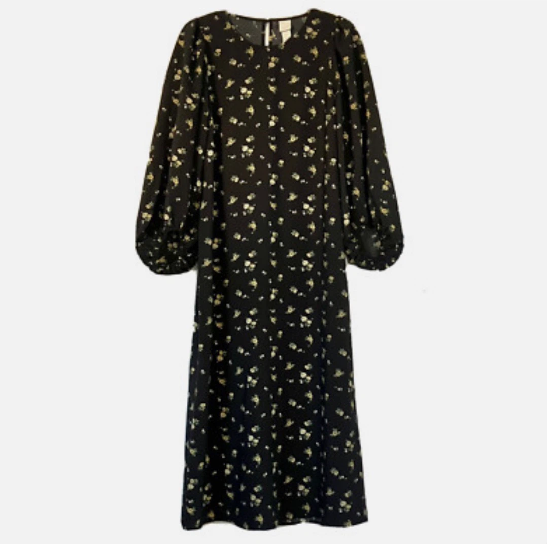 H&M Midi Dress Black Floral Long Bishop’s Sleeves