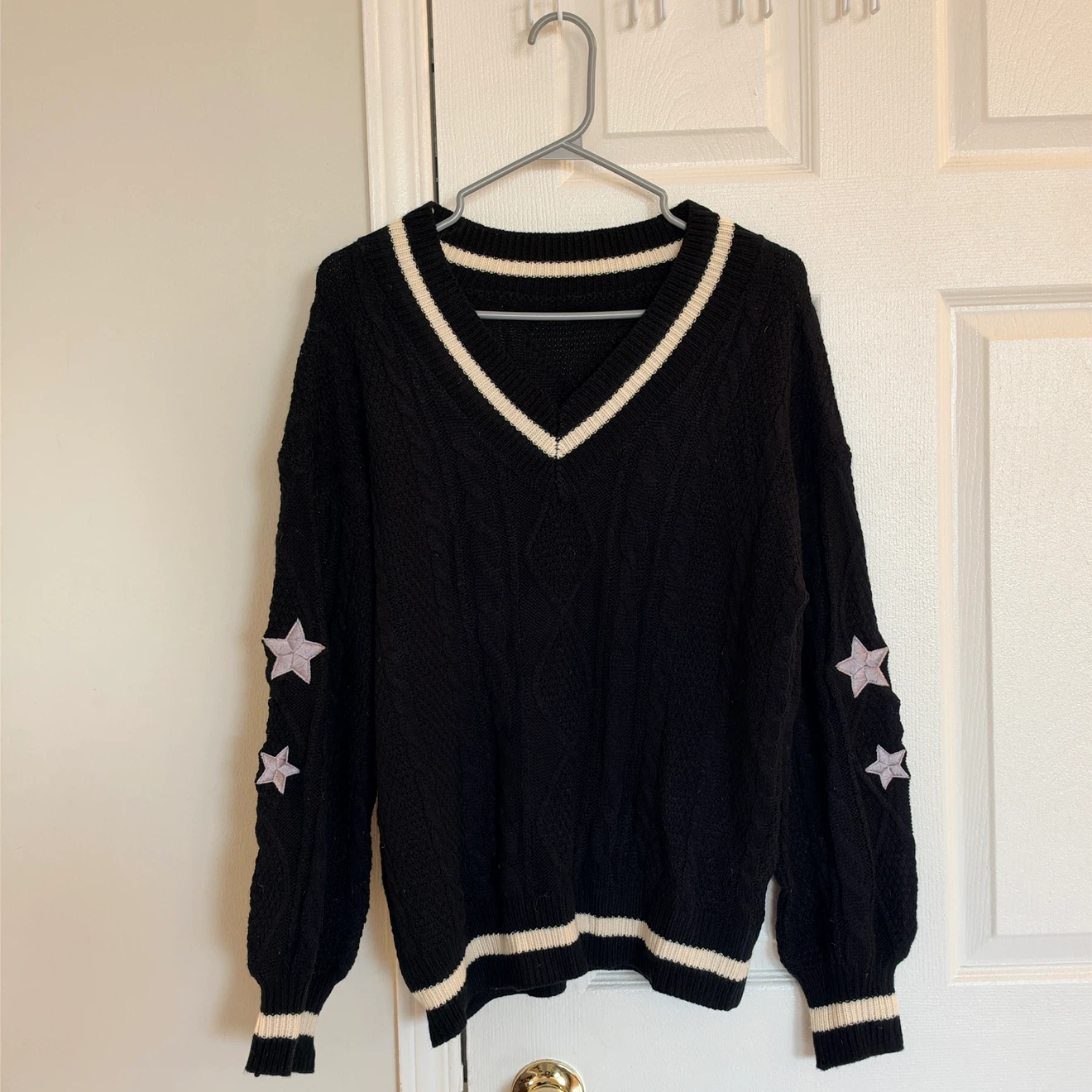 Women’s Black Sweater (V-neck Star Pattern) - S/M