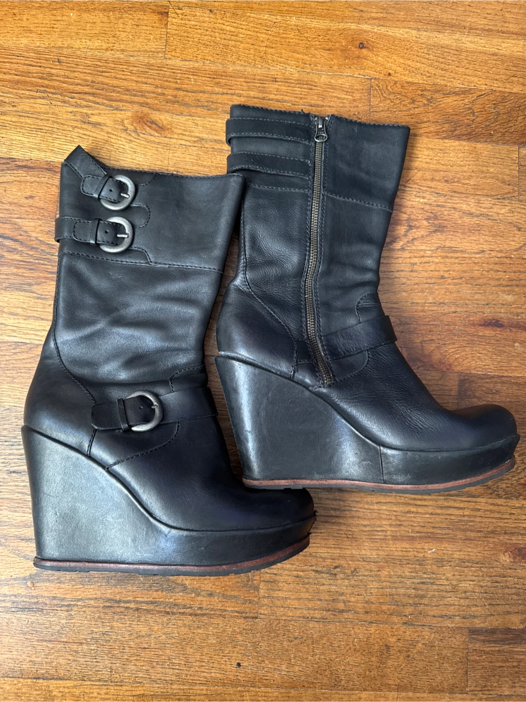 Size 8.5 Kork-Ease Black Leather Wedge Boots