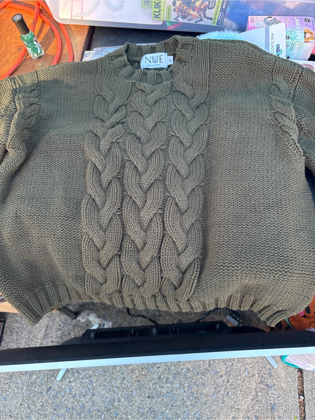 NUE Olive Cable Knit Sweater