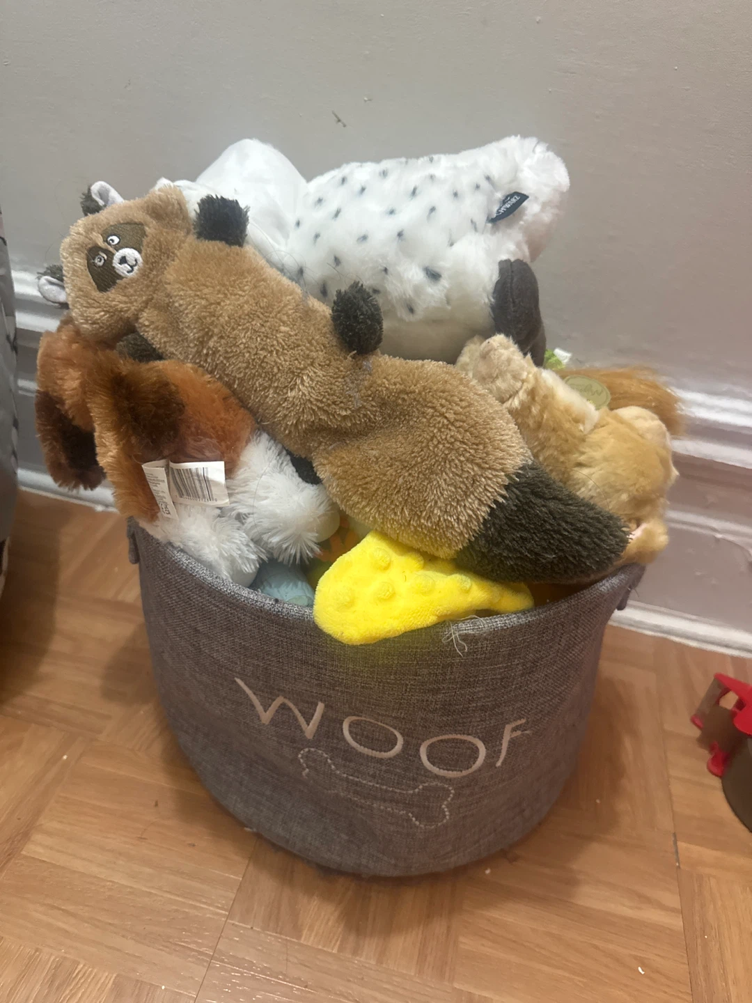 Assorted Dog Toys with WOOF Storage Bin