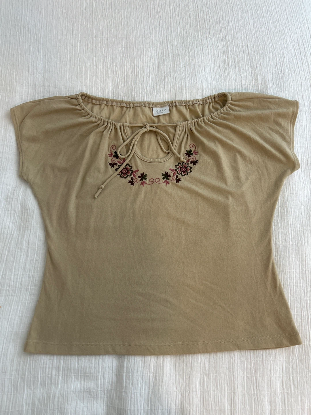 Suzy Shier Embroidered Beige Top