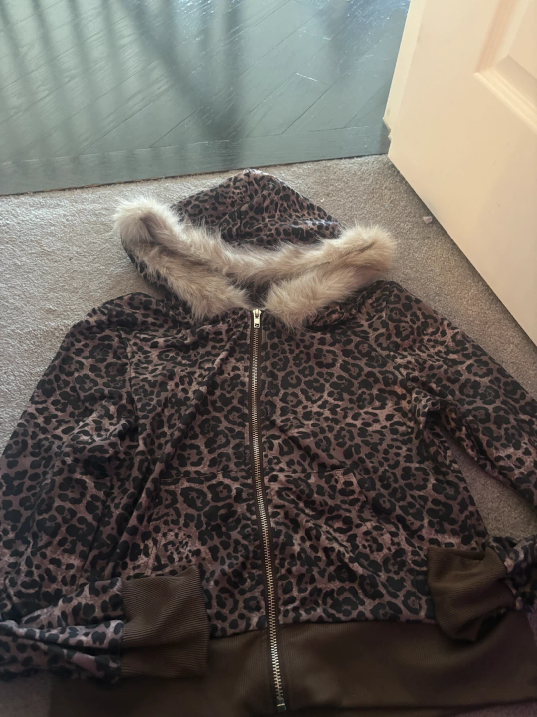 Leopard Print Zip-Up Hoodie with Faux Fur