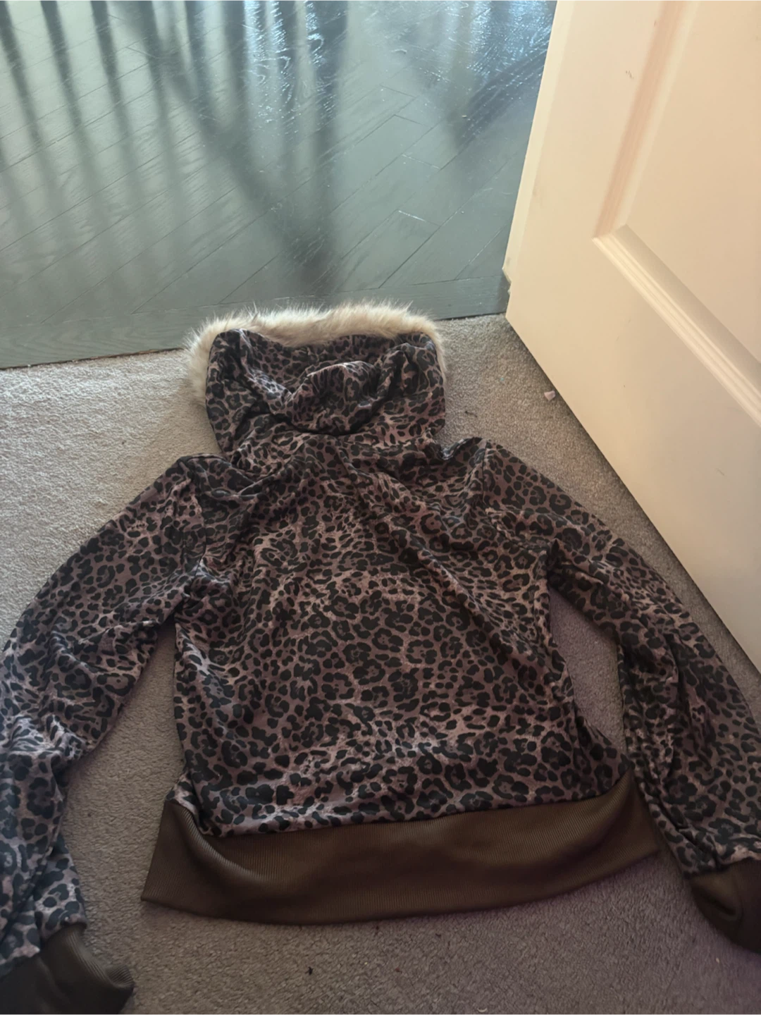 Leopard Print Zip-Up Hoodie with Faux Fur - photo 2