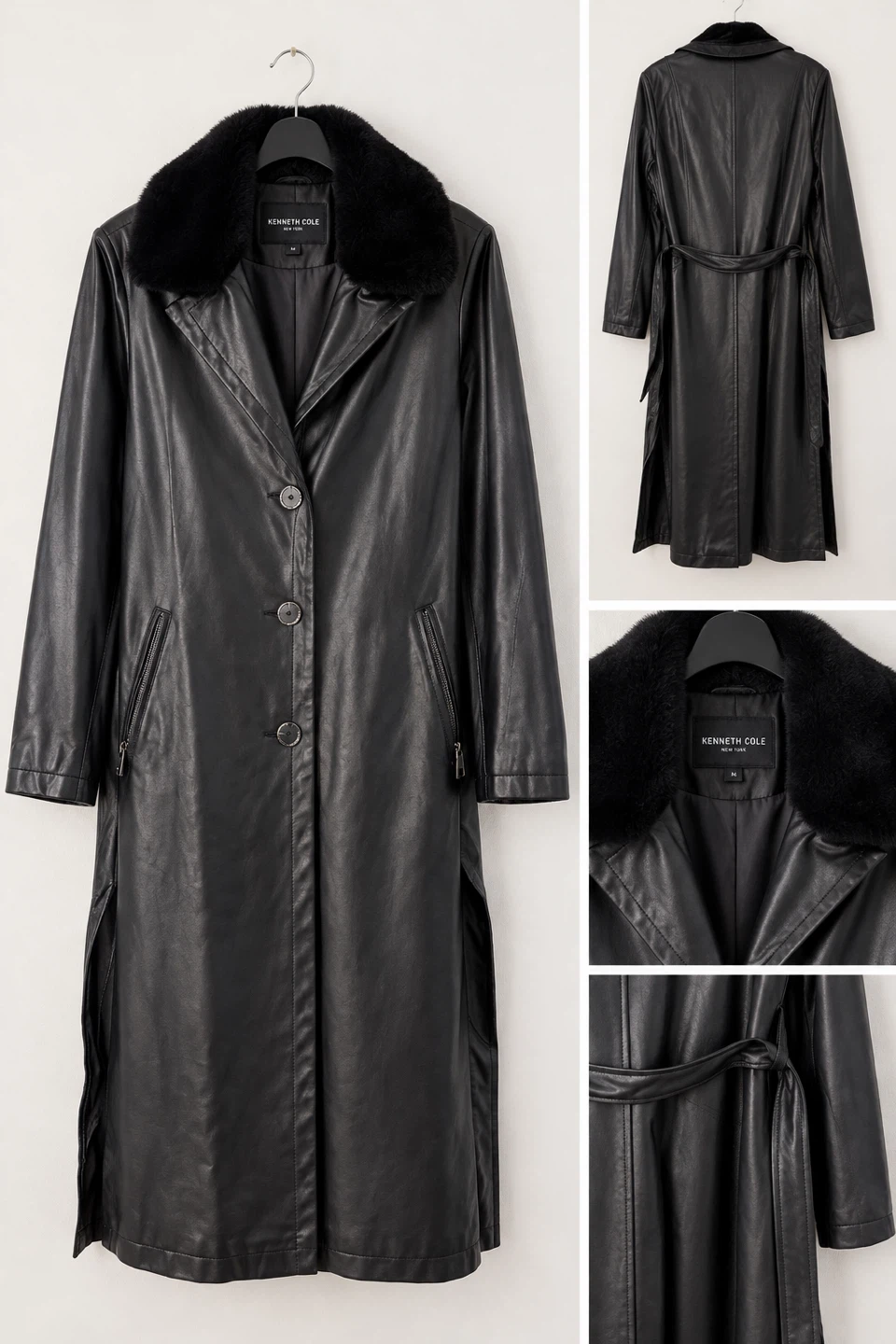 Kenneth Cole Black Faux Leather Trench Coat