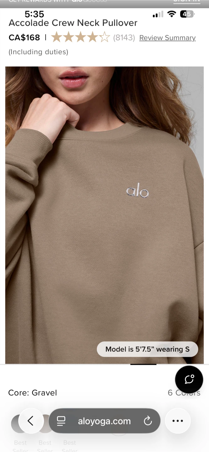 ALO Accolade Crew Neck Pullover, Gravel Color, size XS