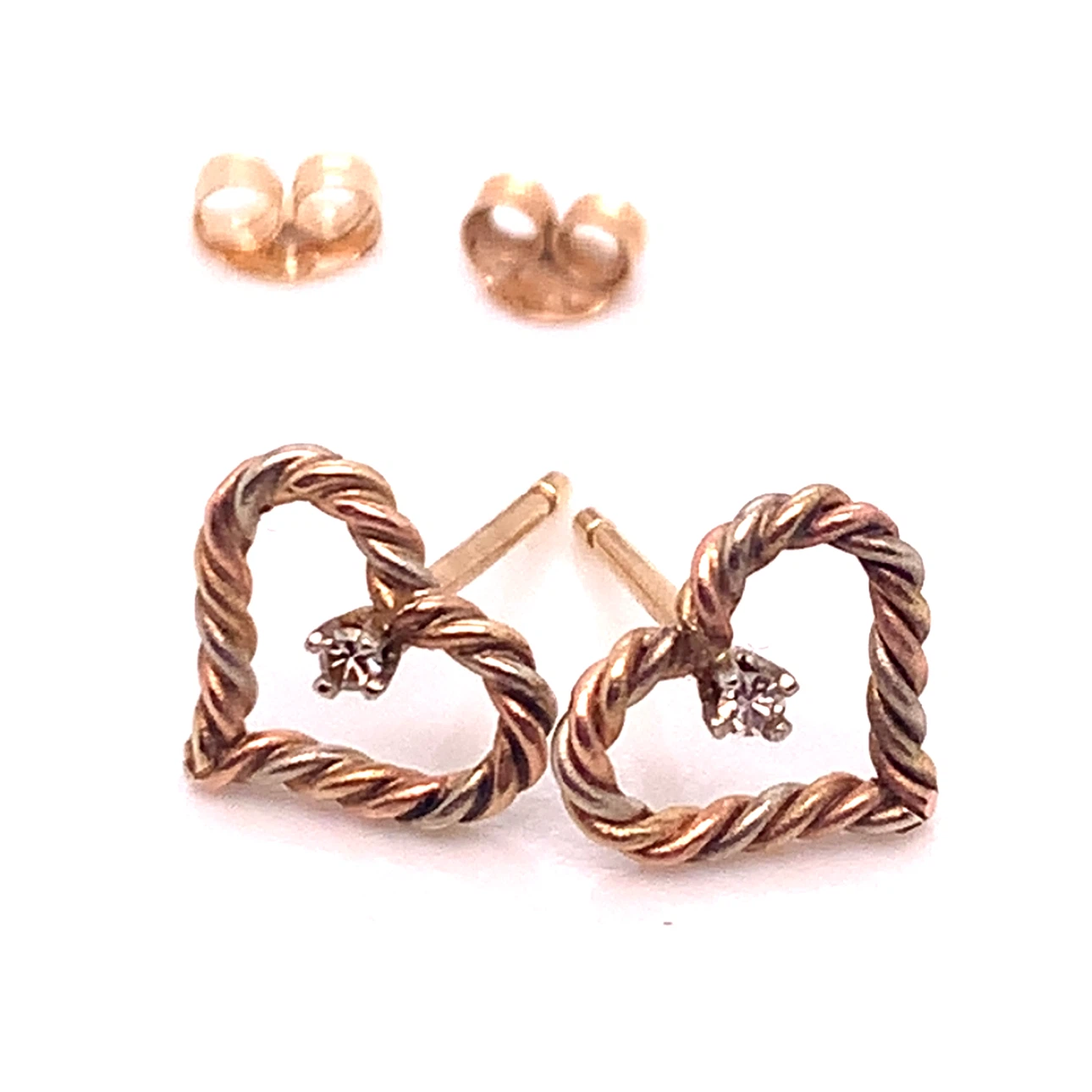 14k Gold Twisted Heart Stud Earrings with diamonds