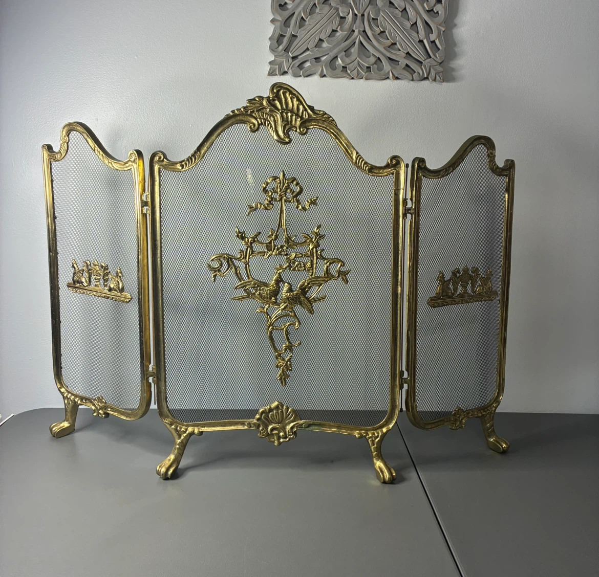 Vintage Brass Fireplace Screen 3 Panel French Provincial Birds