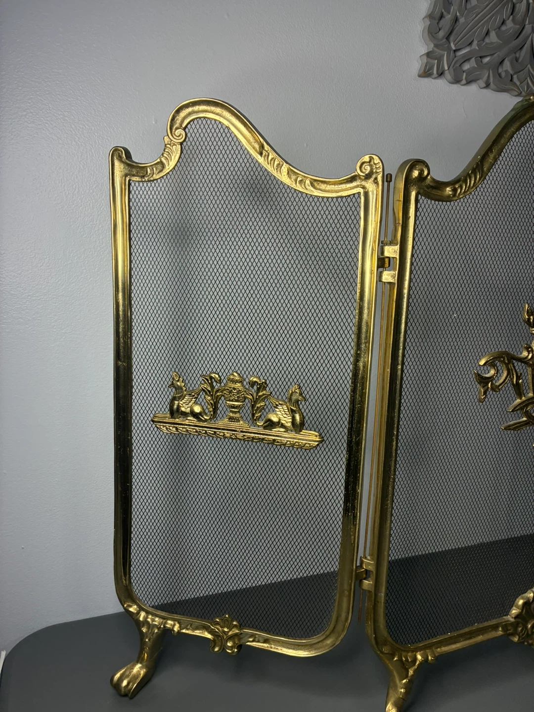 Vintage Brass Fireplace Screen 3 Panel French Provincial Birds - photo 2