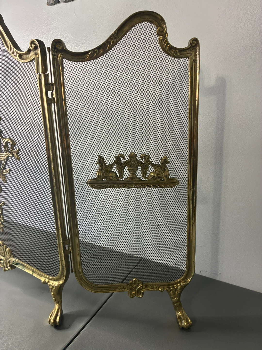 Vintage Brass Fireplace Screen 3 Panel French Provincial Birds - photo 5