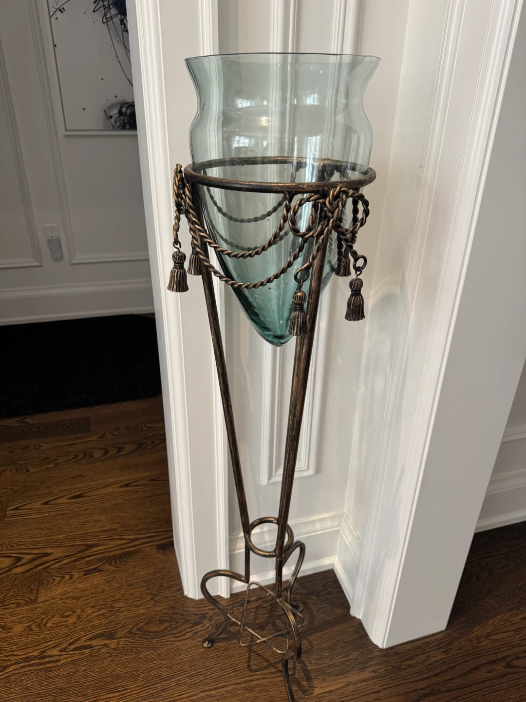Tall Bronze Metal Stand with Glass Vase