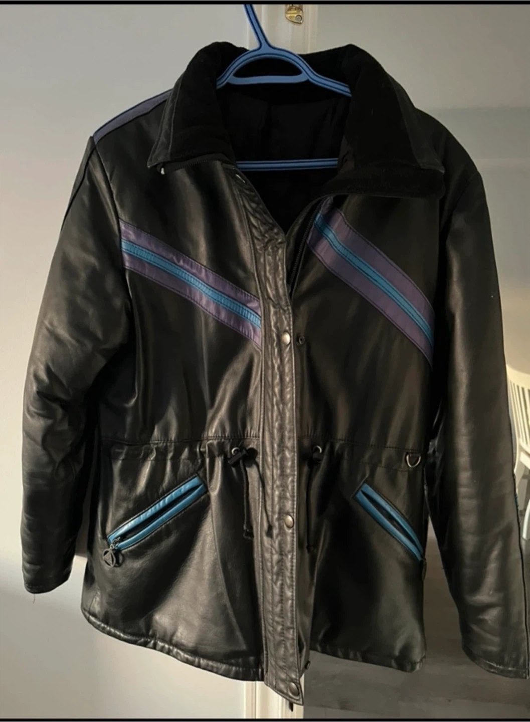 Vintage Black Leather Jacket with Blue Accents
