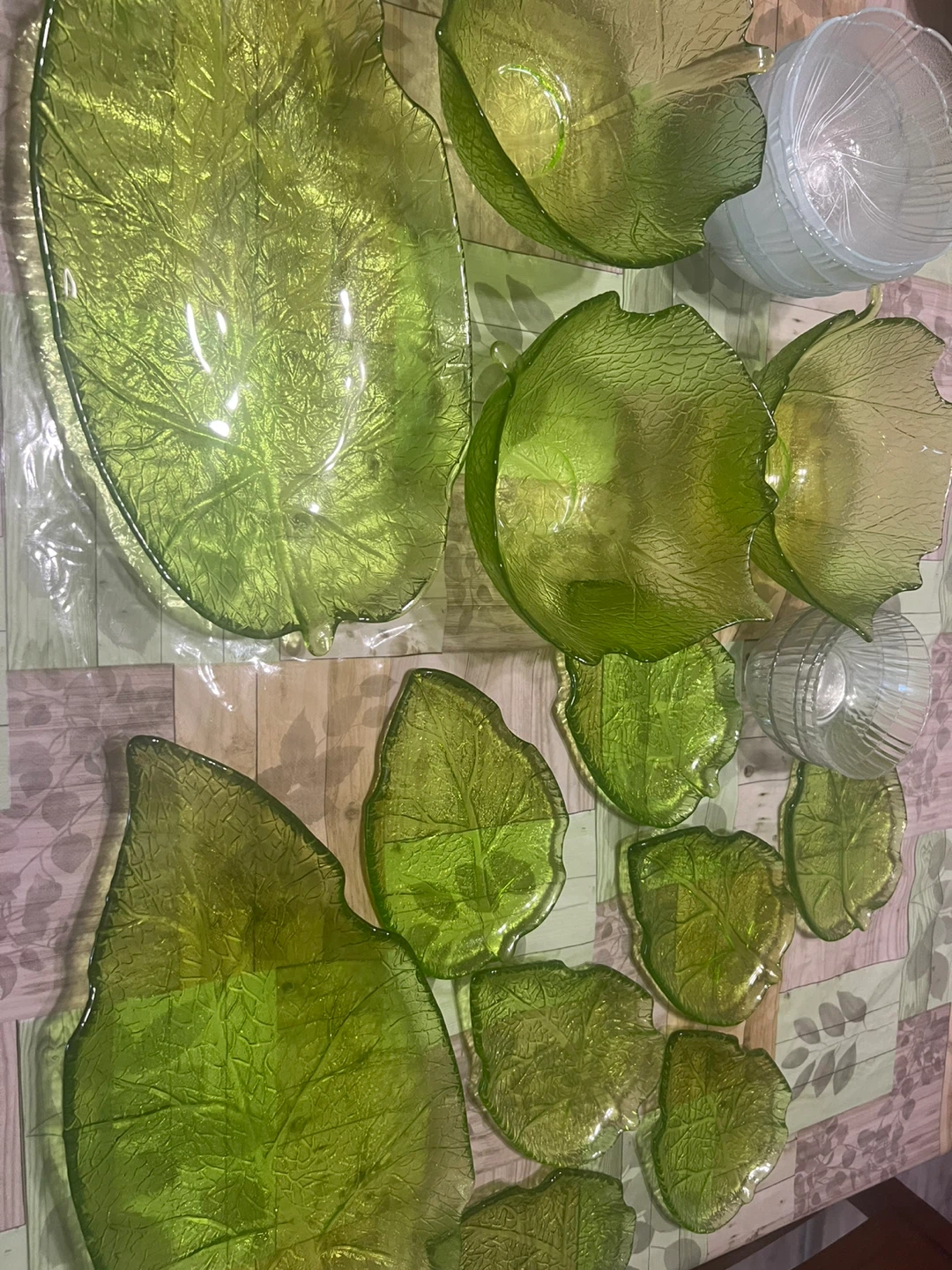 Moving sale -Vintage Green Leaf Glass Dinnerware Set-