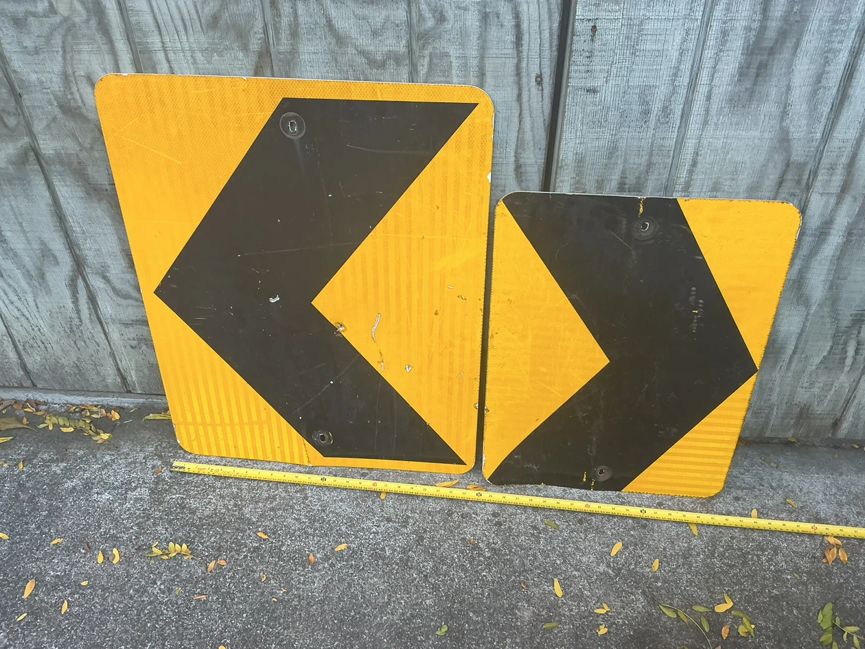 Two Vintage Metal Chevron Road Signs !