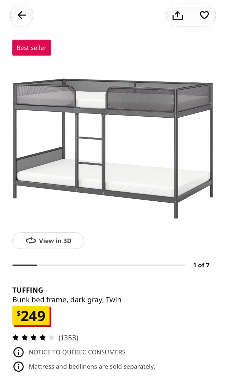 IKEA TUFFING Bunk Bed Frame Dark Gray Twin