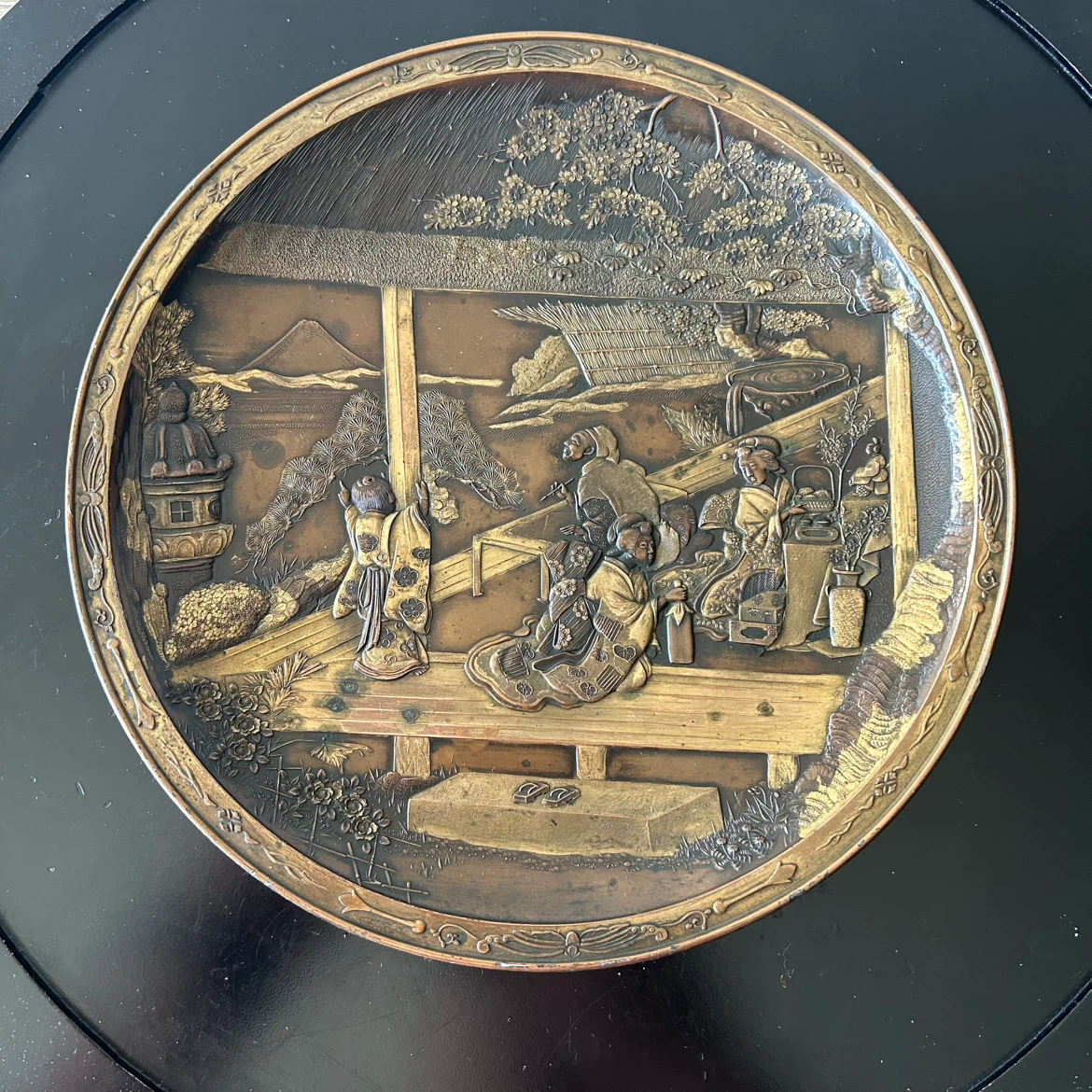 Antique Japanese-Style Mixed-Metal Relief Plate 8”