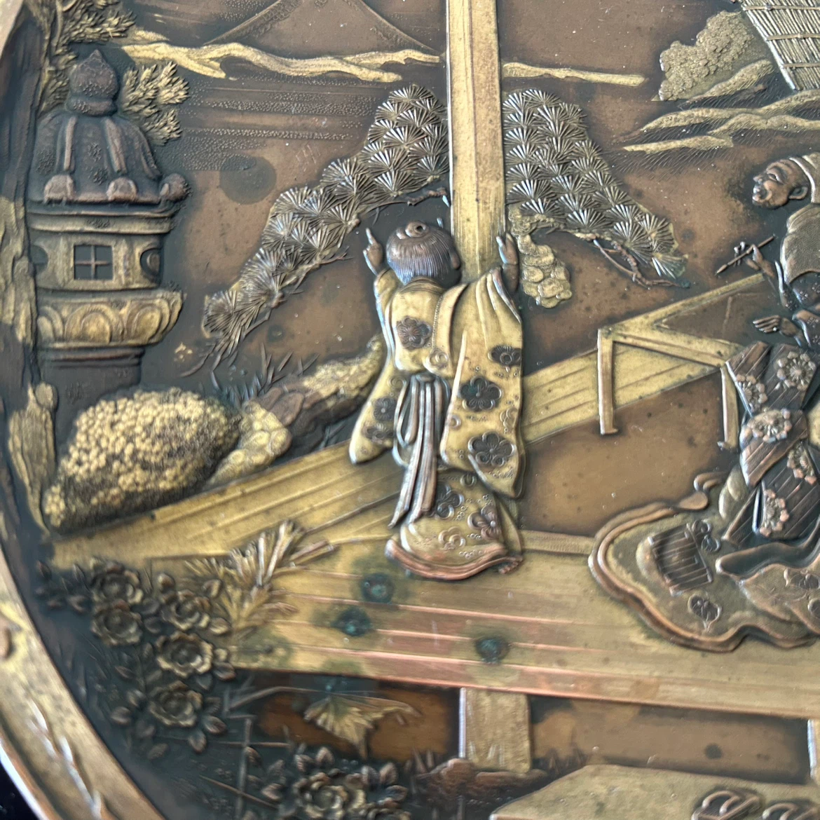 Antique Japanese-Style Mixed-Metal Relief Plate 8” - photo 3