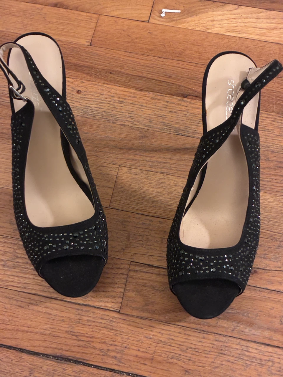 ShoeDazzle Black Rhinestone Peep-Toe Heels Size 11