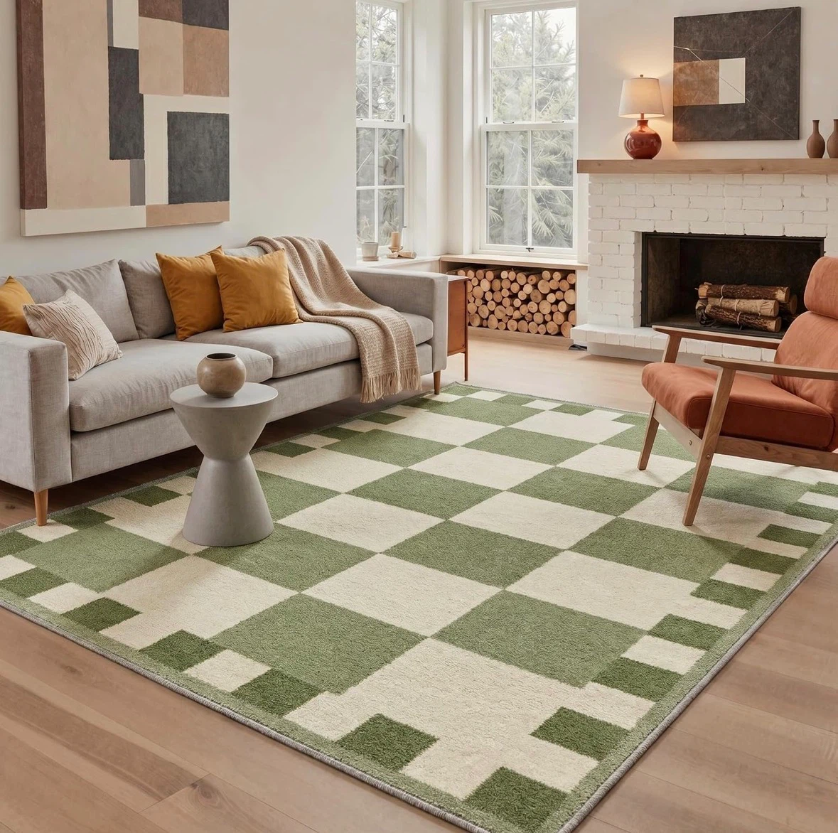 Sage Green and Cream Checkered Area Rug