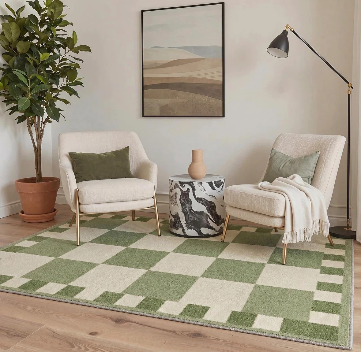 Sage Green and Cream Checkered Area Rug - photo 3
