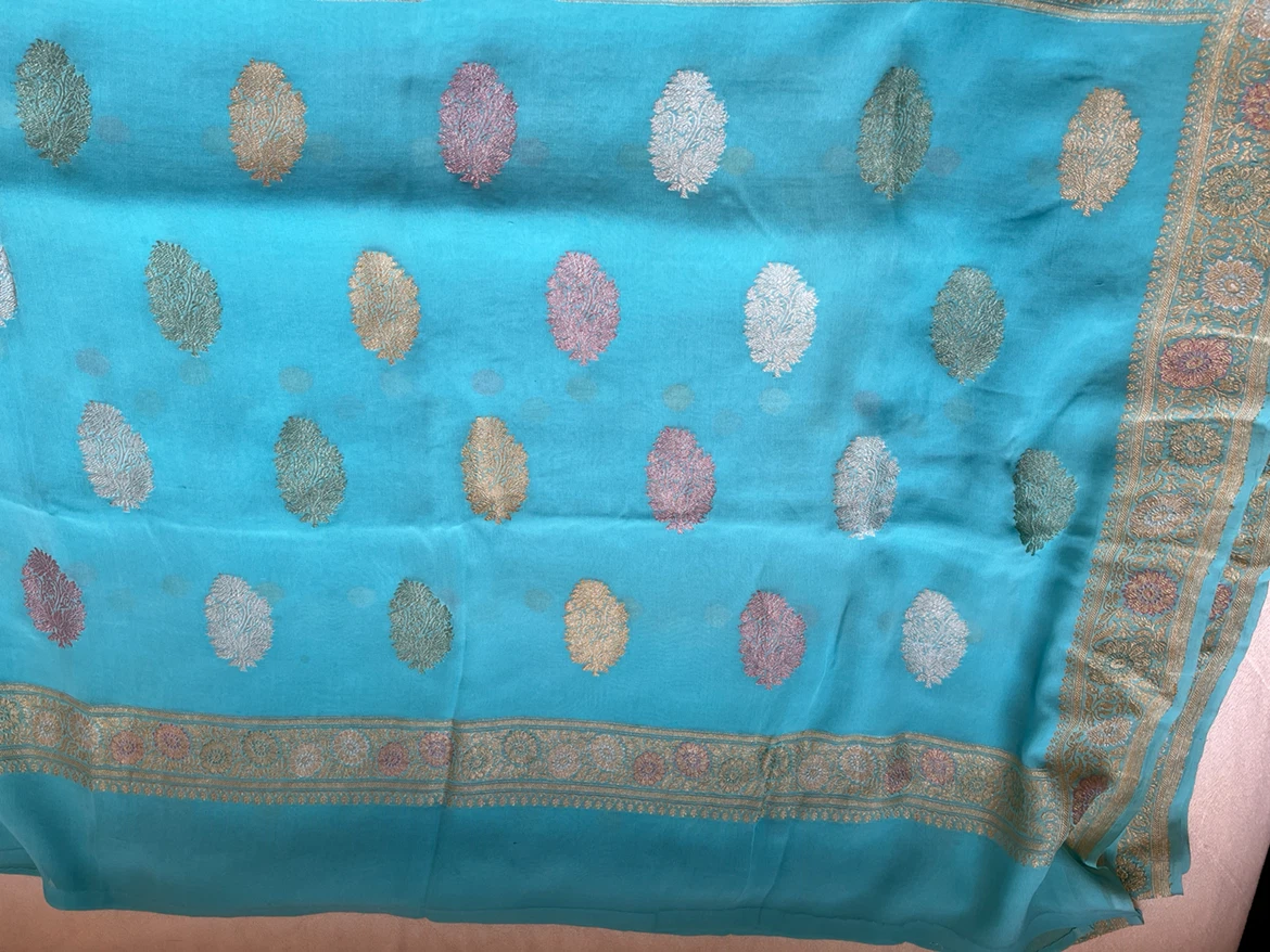 Turquoise Banarasi Silk Saree - photo 2
