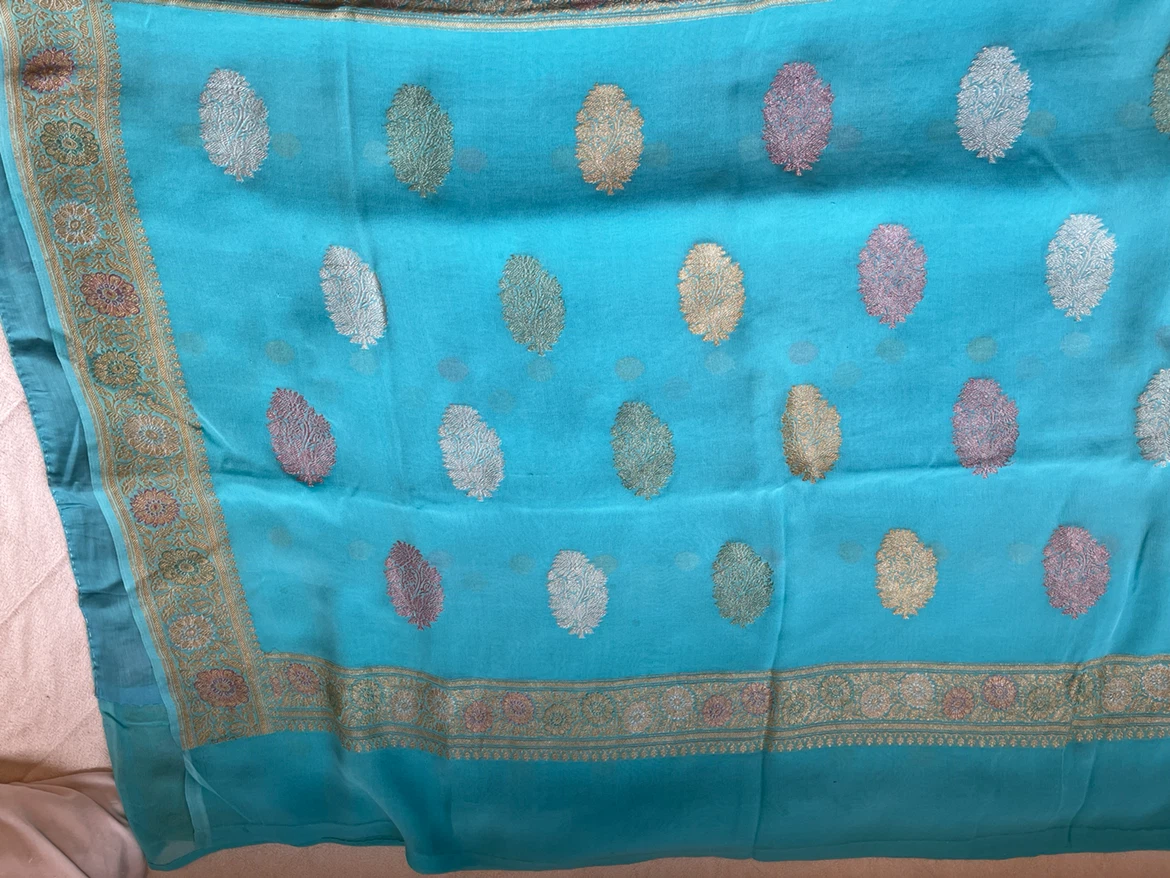 Turquoise Banarasi Silk Saree - photo 3