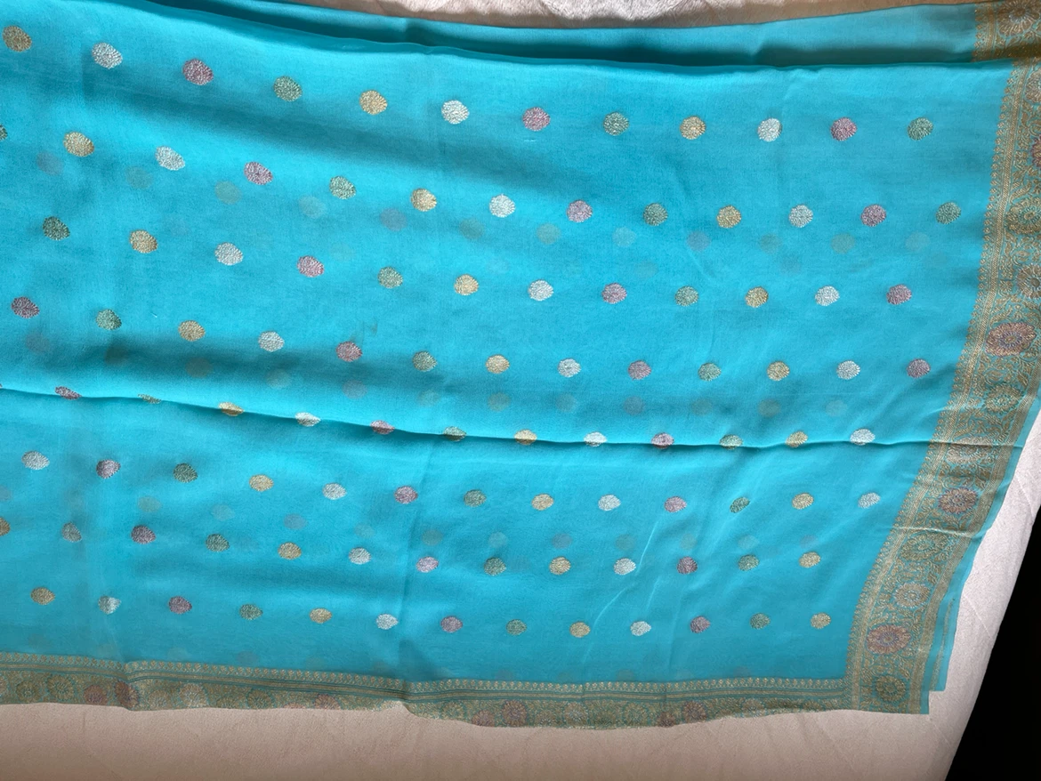 Turquoise Banarasi Silk Saree - photo 4