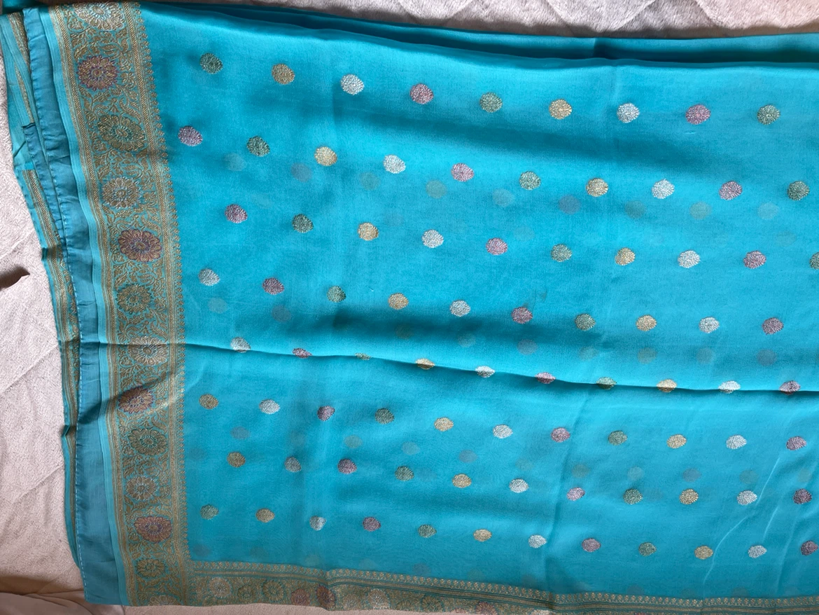 Turquoise Banarasi Silk Saree - photo 5