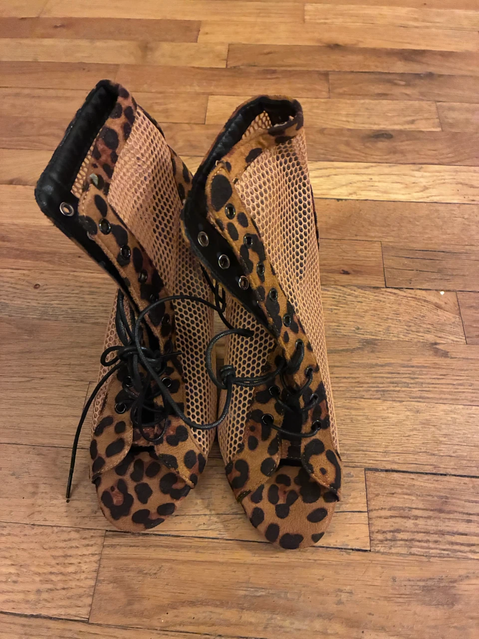 Leopard Print Mesh Lace-Up Heels
