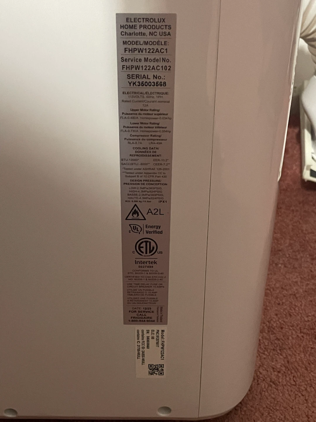 frigidaire FHPW122AC1 window air condition - photo 2