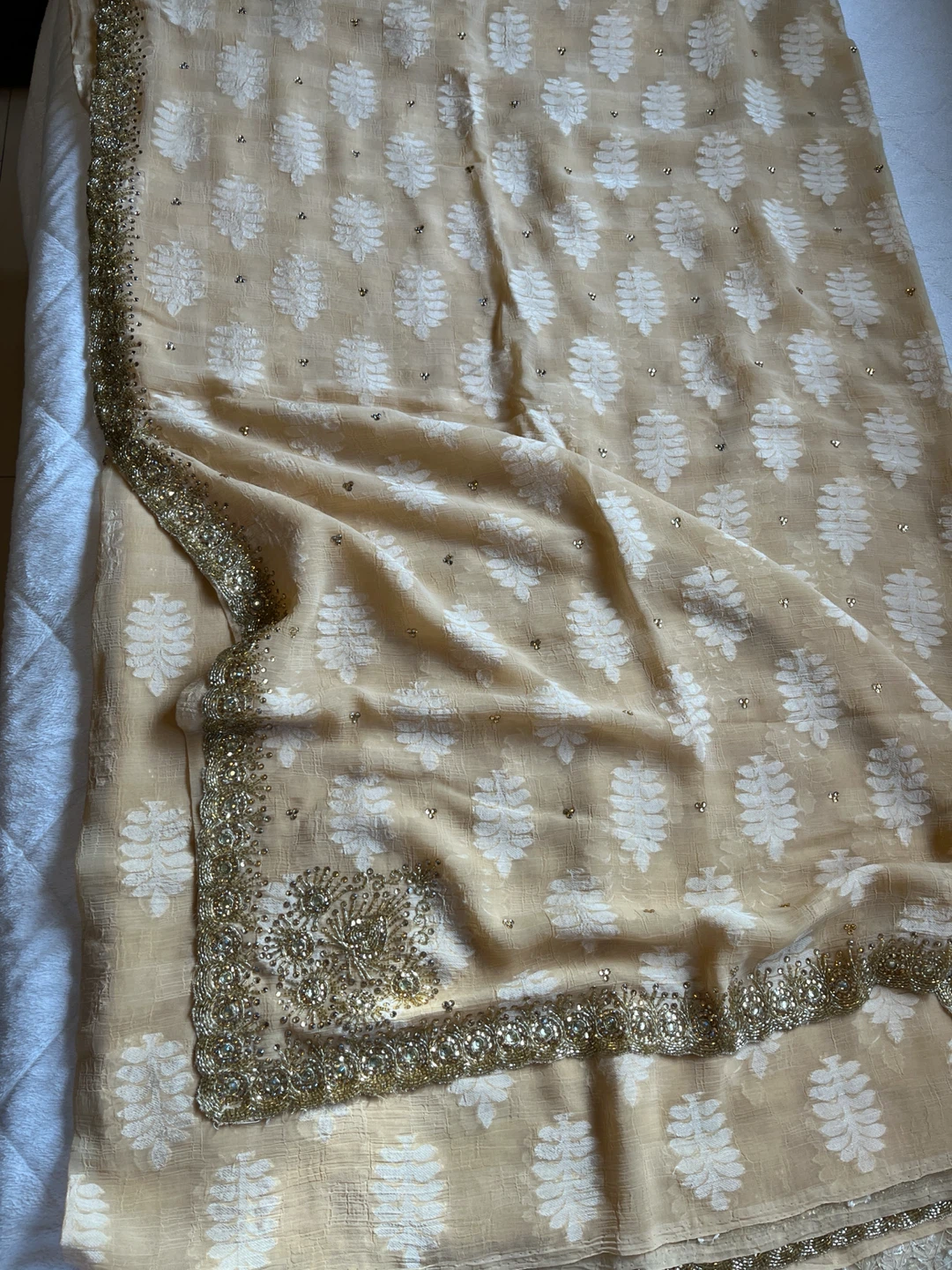 Beige and Gold Embroidered Saree with Blouse