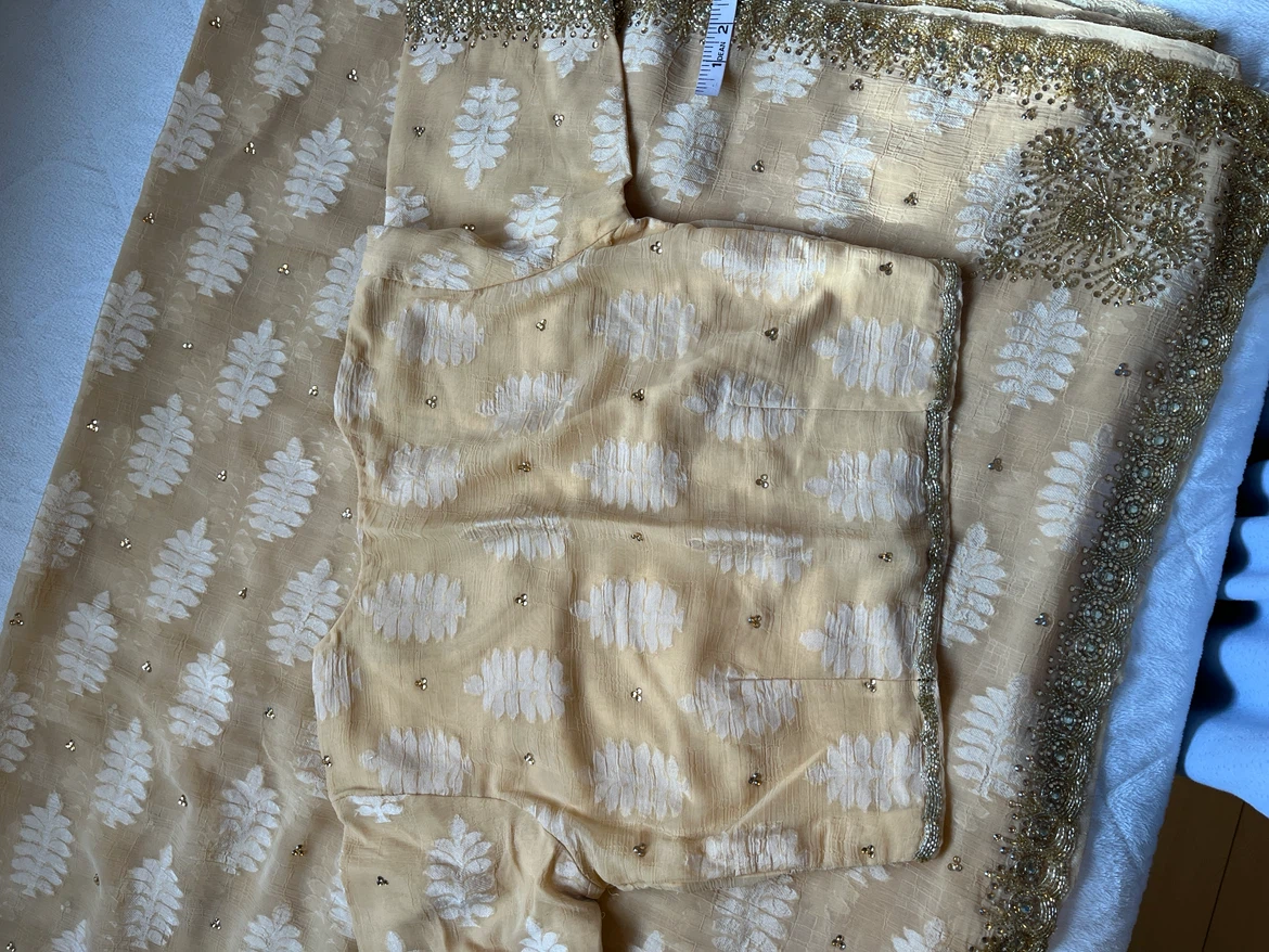 Beige and Gold Embroidered Saree with Blouse - photo 4