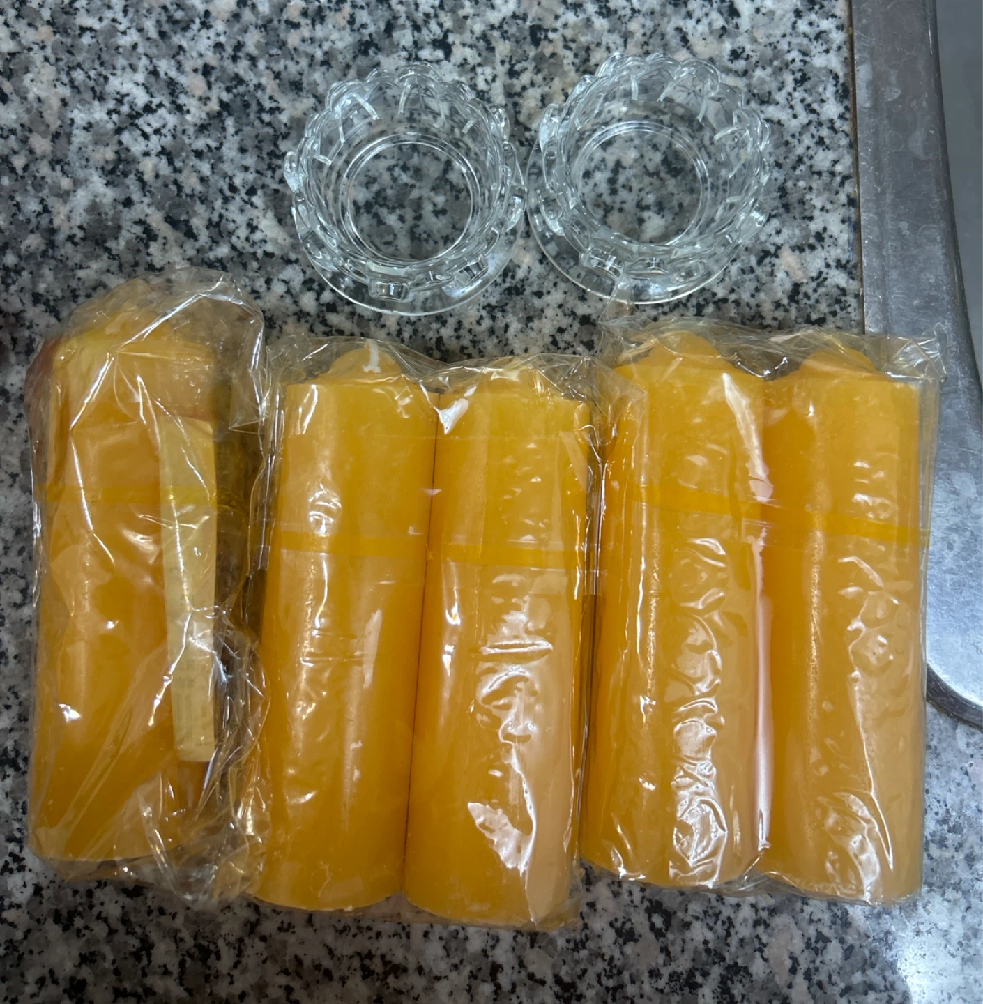 Set of 5 Yellow Wax Candles with 2 Glass Holders