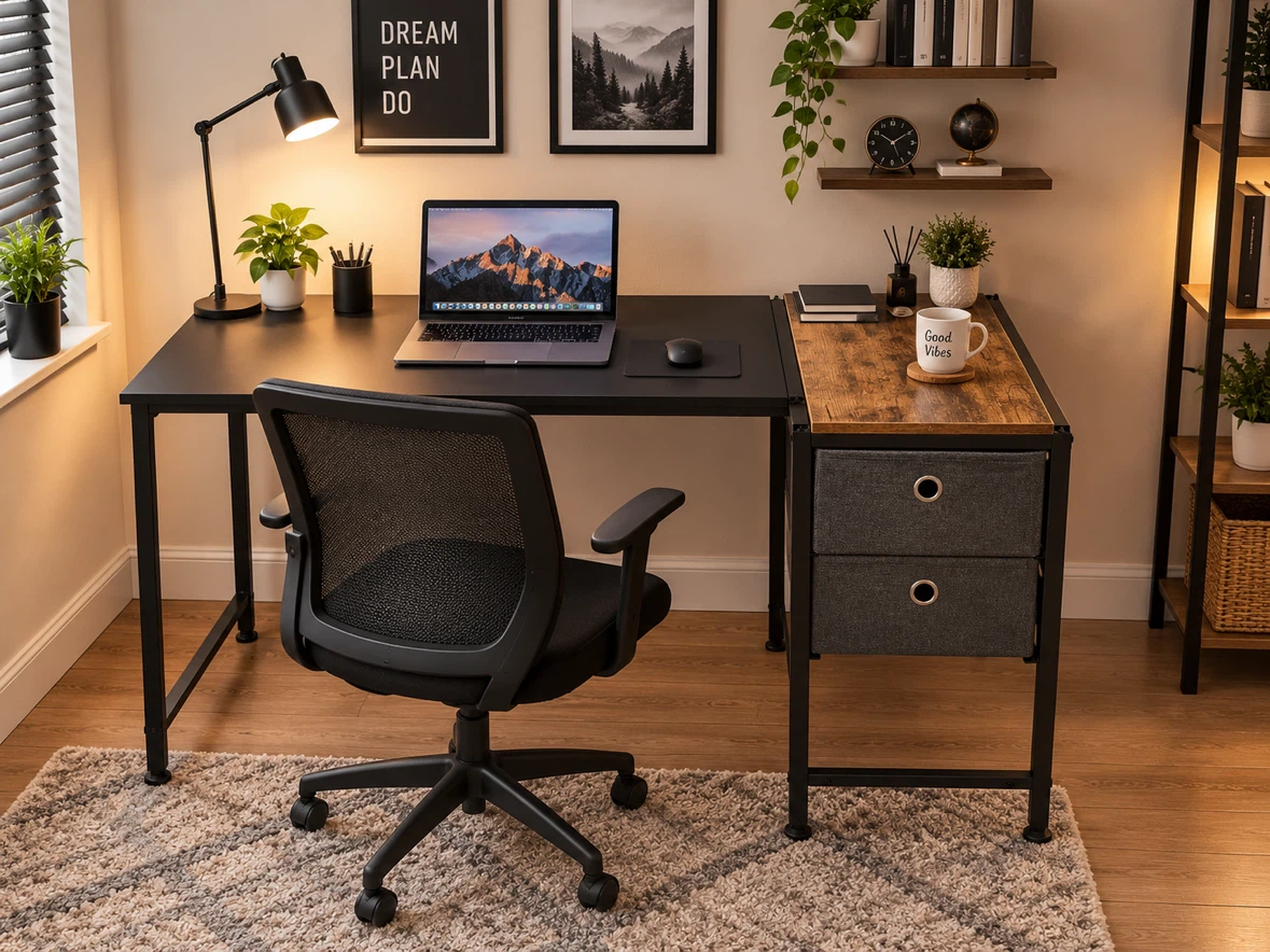 Industrial Style Desk with Two Fabric Drawers