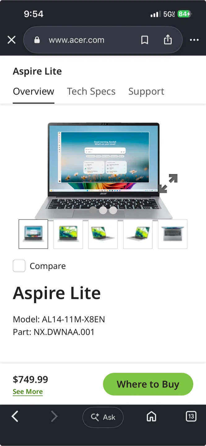Acer Aspire Lite Laptop AL14-11M-X8EN
