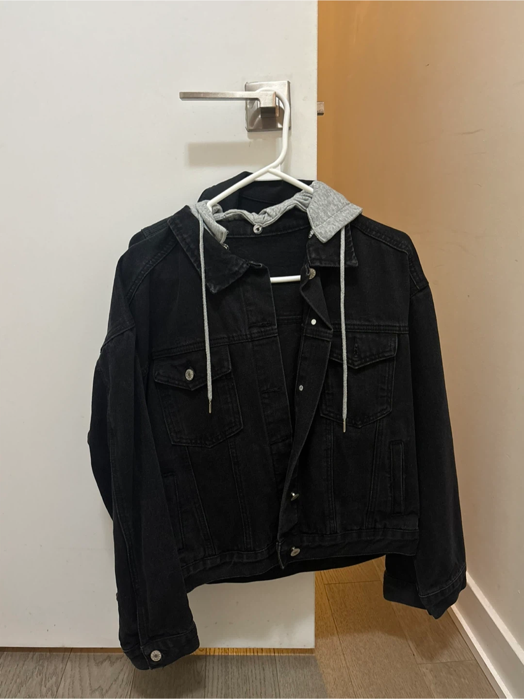 Black Denim Jacket with Grey Hood
