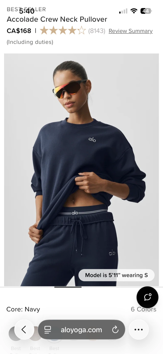 ALO Accolade Crew Neck Pullover, Navy Color, size XS