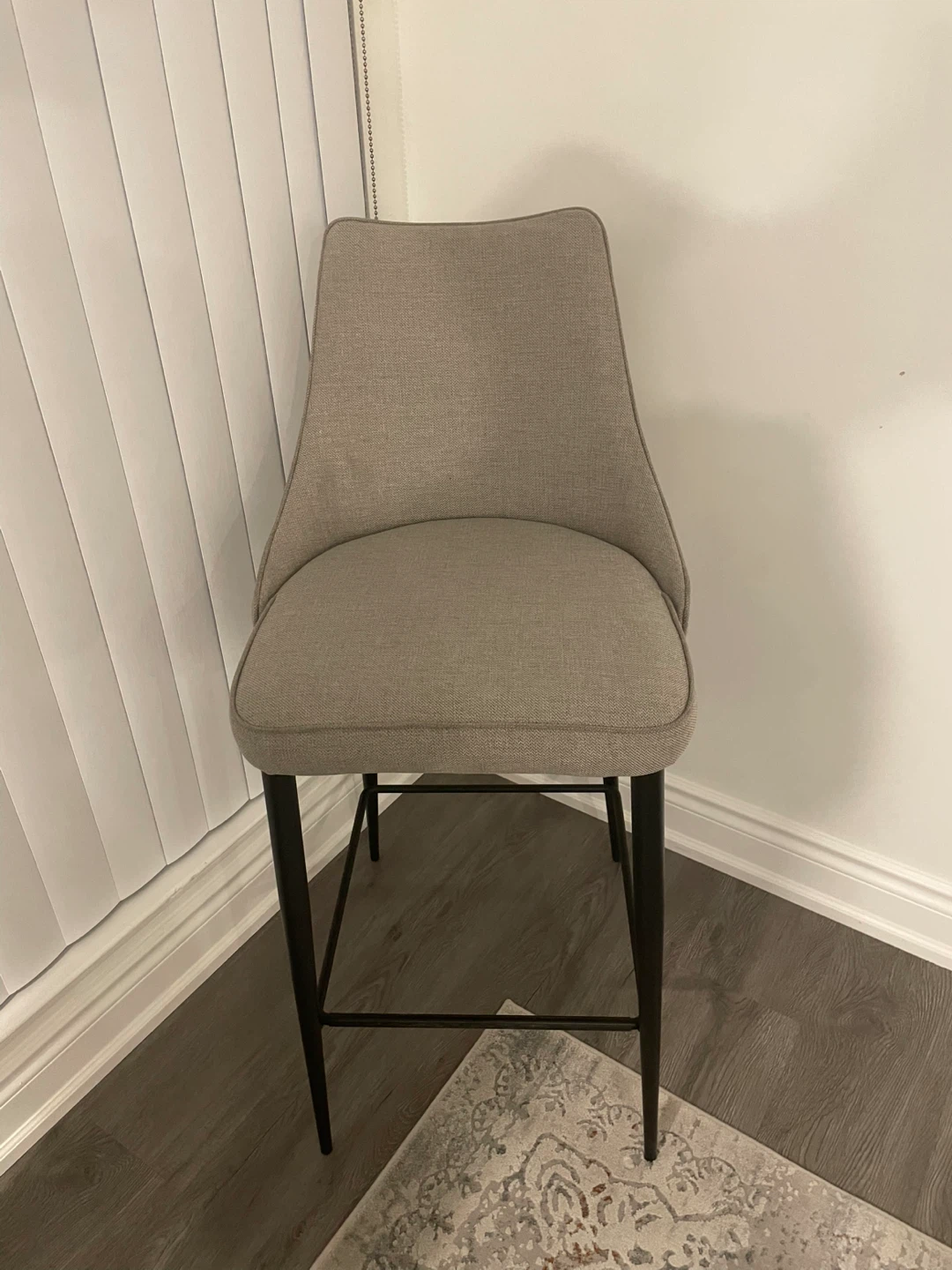 Grey Upholstered Bar Stool with Black Metal Legs