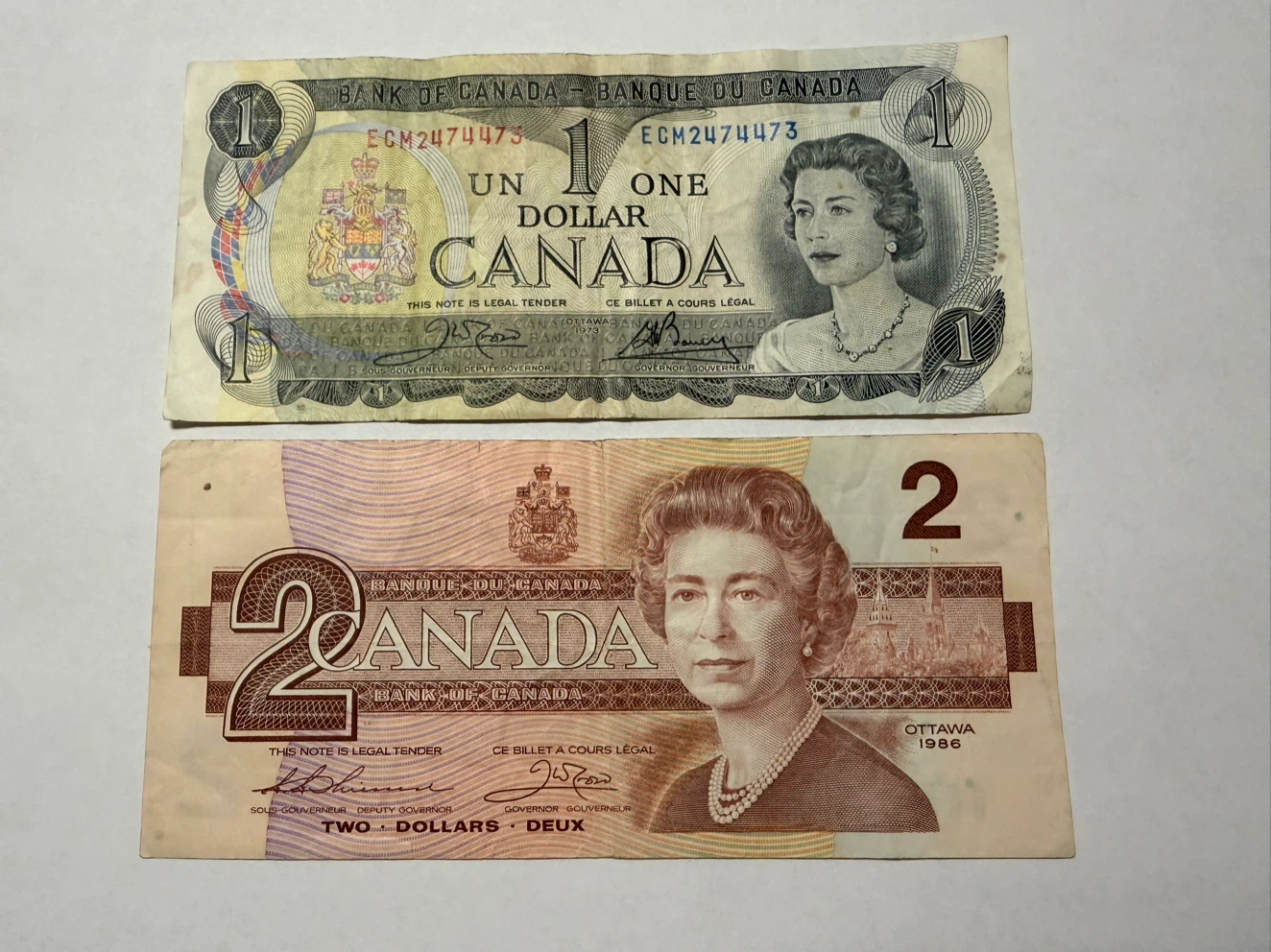 Vintage Canadian One and Two Dollar Bills
